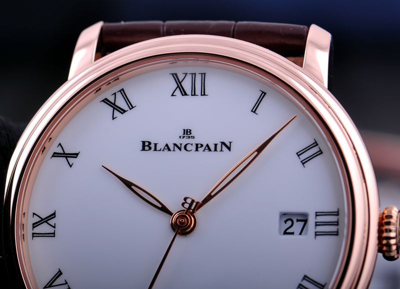 18k玫瑰金珐琅面blancpain宝珀villeret6630363155b自动机械男表